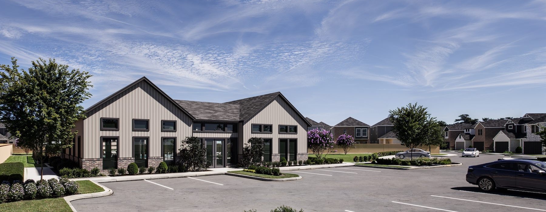 a building with a parking lot