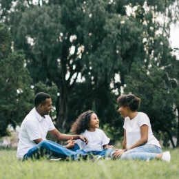 a family sitting in grass